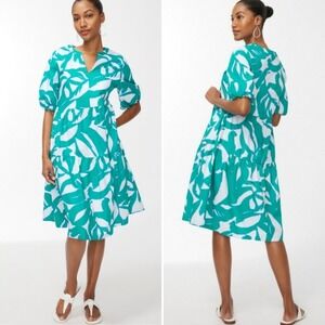 Chico's Teal White Leaf Print Tiered V Neck Short Sleeve Dress Size Large 12